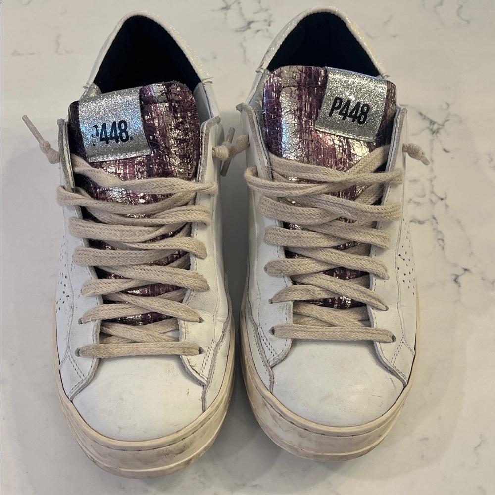 P448 Women's White and Silver Sneakers